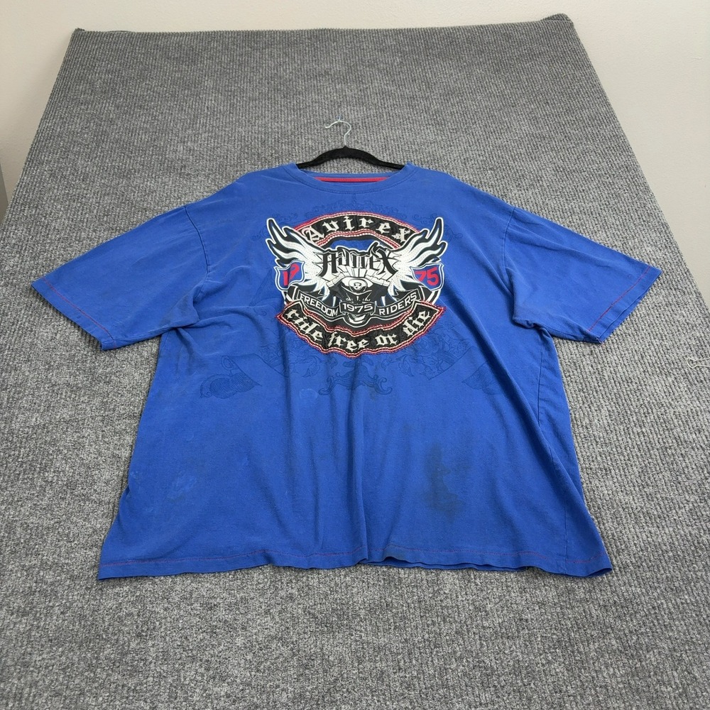 Avirex T Shirt Mens 3XL Blue Cotton Graphic Embroidered Ride Free‎ Or Die Moto
